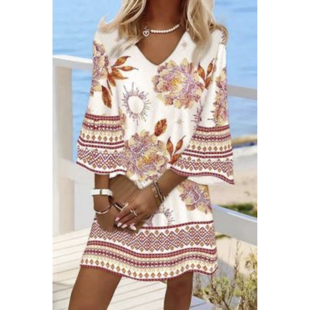 TEMU Dress Womens S Floral Western Boho Chick V-neck Bell Sleeve Lightweight NEW